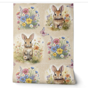 Watercolor Woodland Animal Rabbit Floral Butterfly Wallpaper
