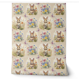 Watercolor Woodland Animal Rabbit Floral Butterfly Wallpaper