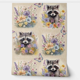 Watercolor Woodland Animal Racoon Floral Butterfly Wallpaper