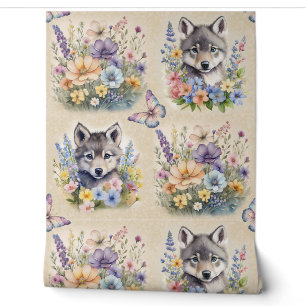 Watercolor Woodland Animal Wolf Floral Butterfly Wallpaper