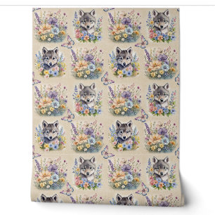 Watercolor Woodland Animal Wolf Floral Butterfly Wallpaper