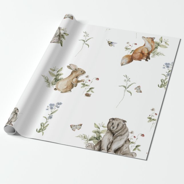 Watercolor Woodland Animal Wrapping Paper (Unrolled)