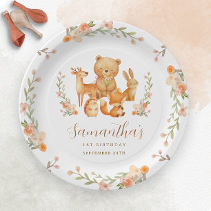 Watercolor Woodland Animals 1st Birthday Paper Plate