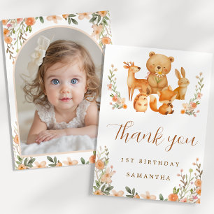 Watercolor Woodland Animals 1st Birthday Photo   Thank You Card