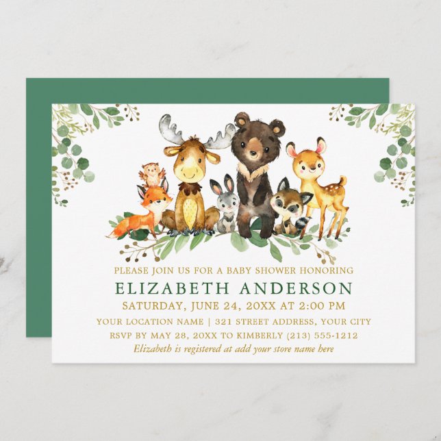 Watercolor Woodland Animals Baby Shower Gold Invitation (Front/Back)