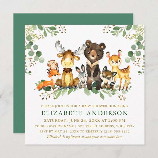 Watercolor Woodland Animals Baby Shower Gold Sq Invitation (Front/Back)