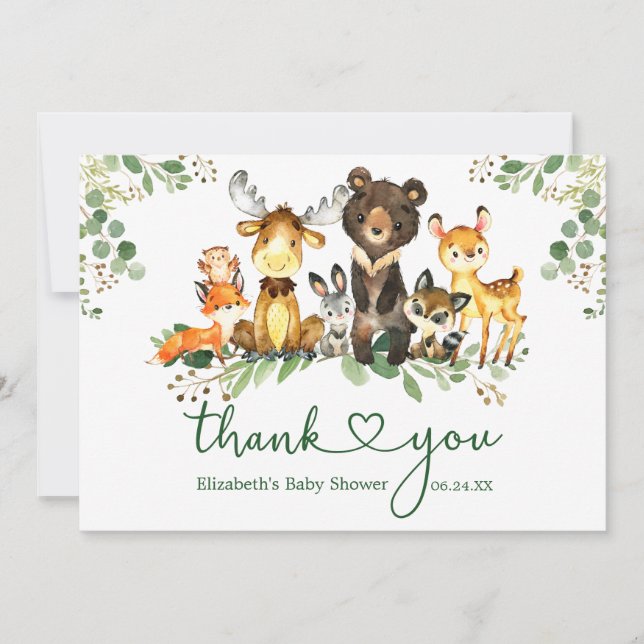 Watercolor Woodland Animals Baby Shower Heart Thank You Card (Front)