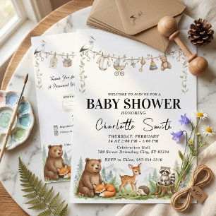 Watercolor Woodland Animals Baby Shower Invitation