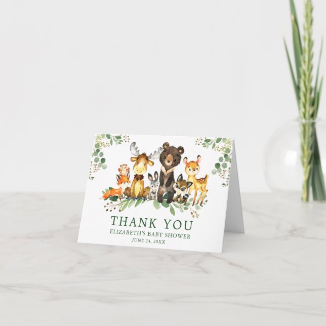 Watercolor Woodland Animals Baby Shower Note Thank You Card (Front)