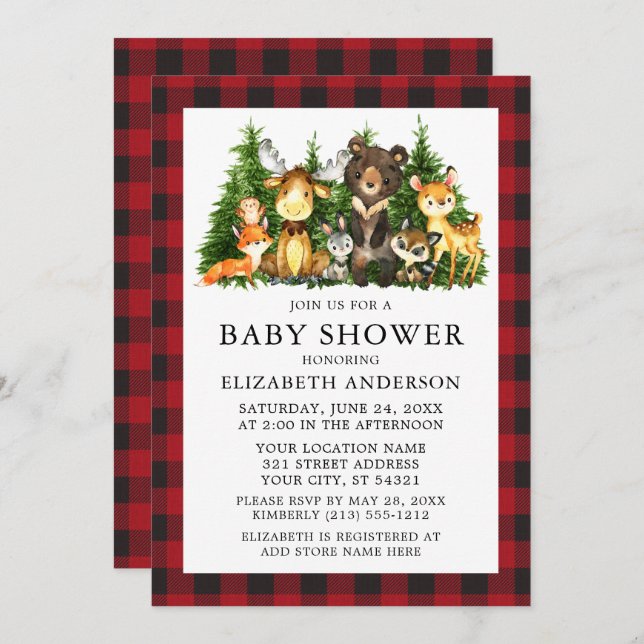 Watercolor Woodland Animals Baby Shower Red Plaid Invitation (Front/Back)