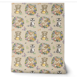 Watercolor Woodland Animals Bee Butterfly Floral Wallpaper