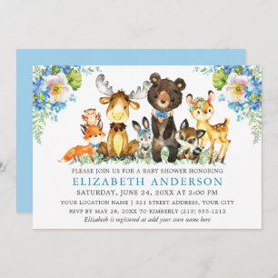 Watercolor Woodland Animals Blue Floral Invitation