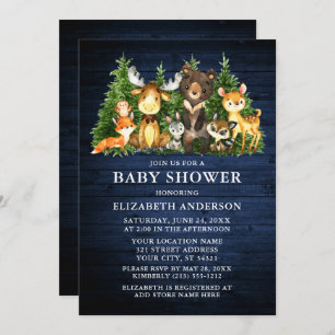 Watercolor Woodland Animals Blue Wood Shower Invitation