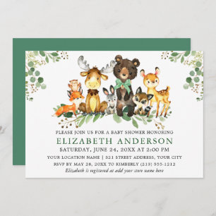 Watercolor Woodland Animals Bow Baby Shower Invitation