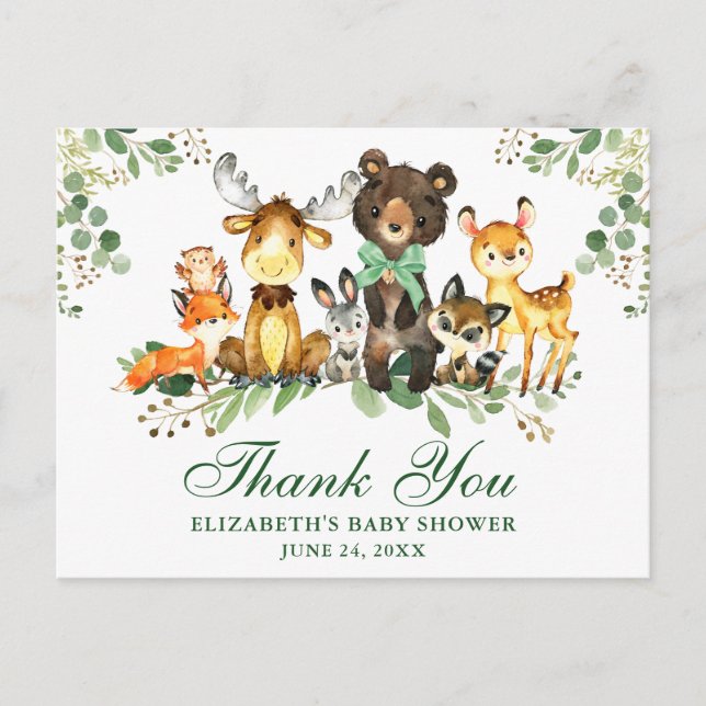 Watercolor Woodland Animals Bow Thank You Shower Postcard (Front)