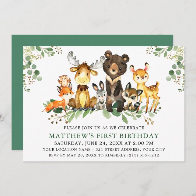 Watercolor Woodland Animals First Birthday Green Invitation (Front/Back)