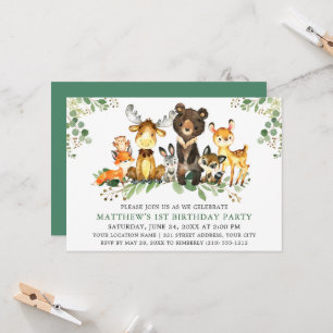 Watercolor Woodland Animals First Birthday Invitation