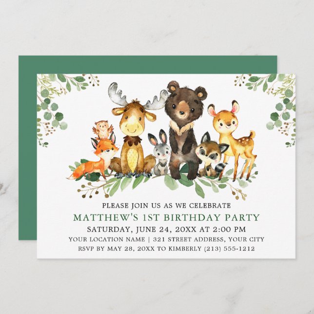 Watercolor Woodland Animals First Birthday Invitation (Front/Back)