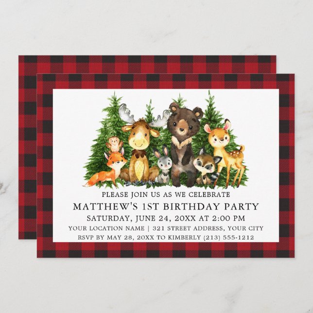 Watercolor Woodland Animals First Birthday Plaid Invitation (Front/Back)