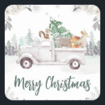Watercolor Woodland Animals Floral Christmas Square Sticker<br><div class="desc">Watercolor Cute Woodland Animals Friends Floral Christmas design with pine trees,  white flowers and silver confetti</div>