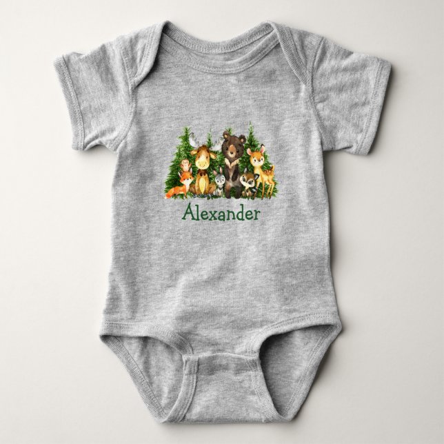 Watercolor Woodland Animals Forest Trees Baby Bodysuit (Front)