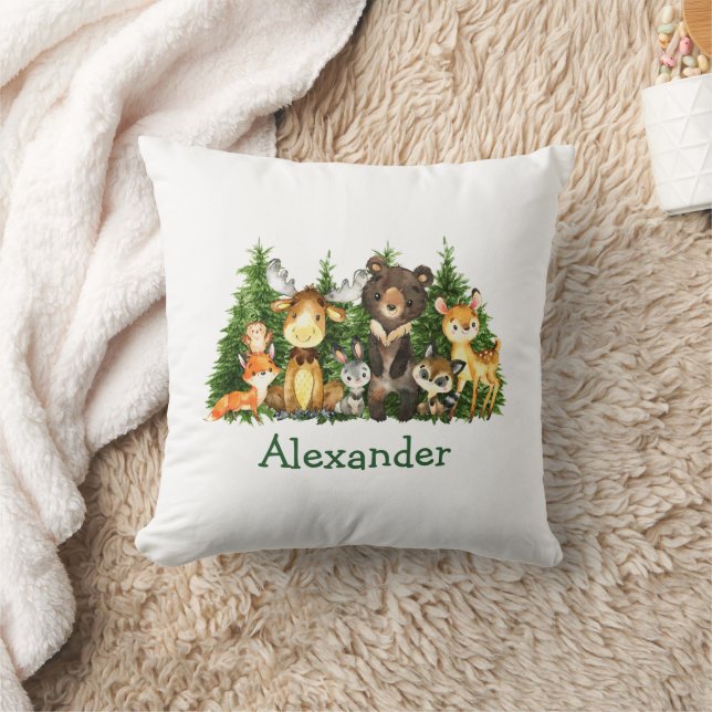 Watercolor Woodland Animals Forest Trees Cushion (Blanket)