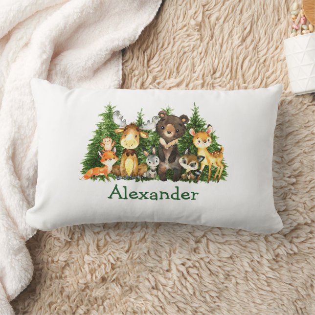 Watercolor Woodland Animals Forest Trees Lumbar Cushion (Blanket)