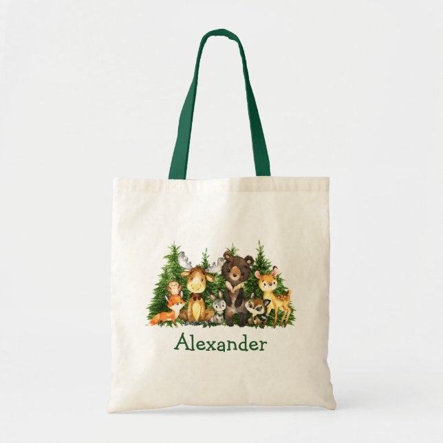 Watercolor Woodland Animals Forest Trees Tote Bag (Front)