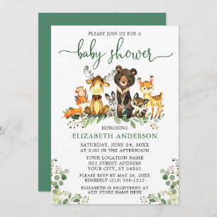 Watercolor Woodland Animals Green Script Shower Invitation