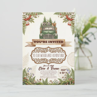 Watercolor Woodland Animals Green Truck Invitation