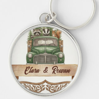 Watercolor Woodland Animals Green Truck Key Ring