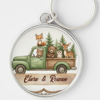 Watercolor Woodland Animals Green Truck Key Ring