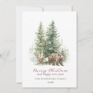 Watercolor Woodland Animals In winter Snow Holiday Card