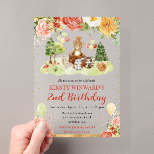 Watercolor Woodland Animals Kids Birthday Acrylic Invitations