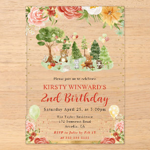 Watercolor Woodland Animals Kids Birthday Acrylic Invitations