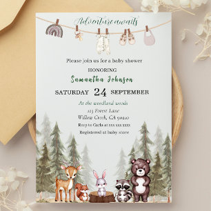 Watercolor woodland animals neutral baby shower invitation