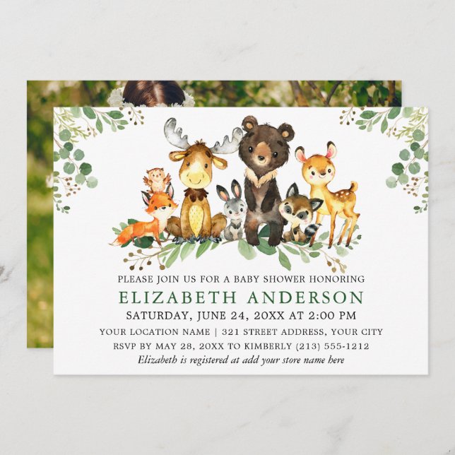 Watercolor Woodland Animals Photo Shower Invitation (Front/Back)