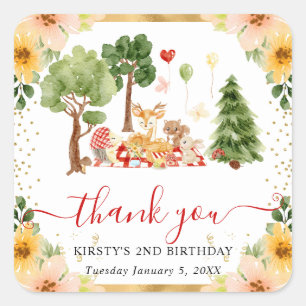 Watercolor Woodland Animals Picnic Birthday Square Sticker