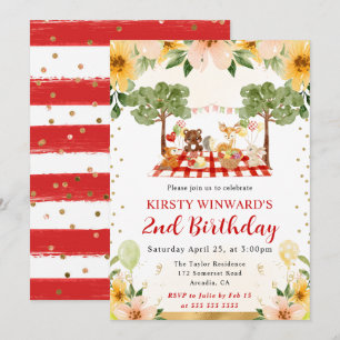 Watercolor Woodland Animals Picnic Kids Birthday Invitation