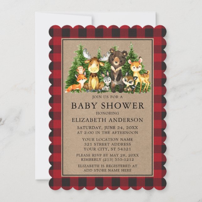 Watercolor Woodland Animals Shower Kraft Plaid Invitation (Front)