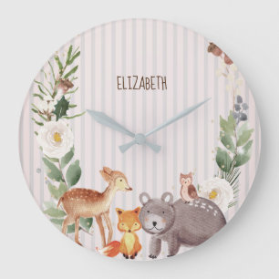 Watercolor Woodland Animals Stripes Large Clock