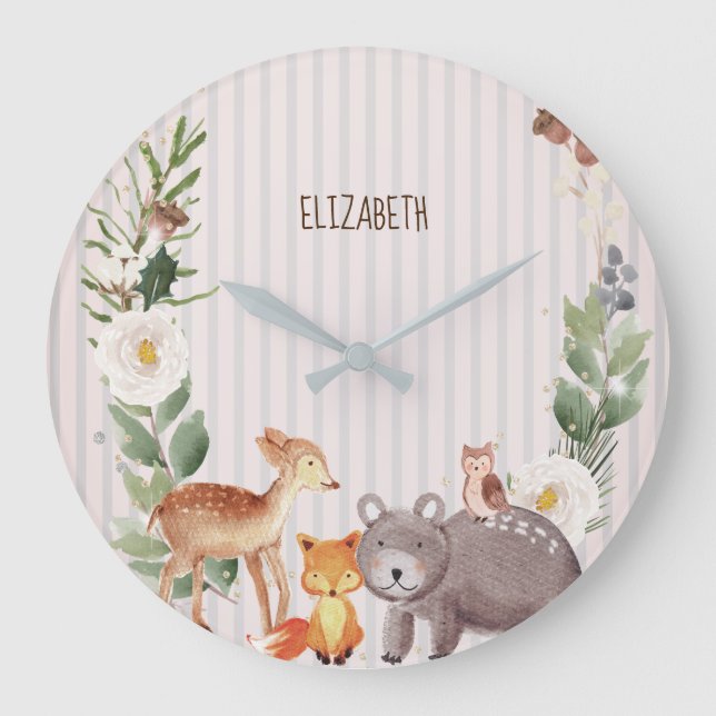 Watercolor Woodland Animals Stripes  Large Clock (Front)