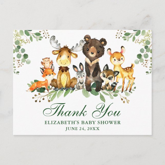 Watercolor Woodland Animals Thank You Baby Shower  Postcard (Front)