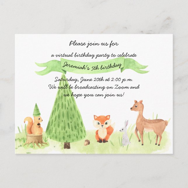 Watercolor Woodland Animals Virtual Birthday Party Postcard (Front)