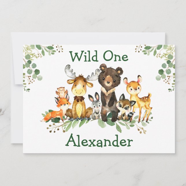 Watercolor Woodland Animals Wild One 1st Birthday Invitation (Front)