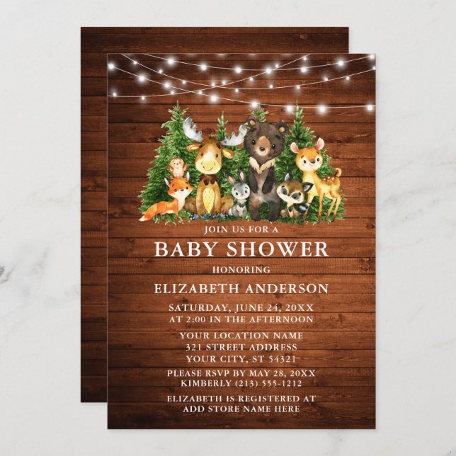 Watercolor Woodland Animals Wood Lights Shower Invitation (Front/Back)