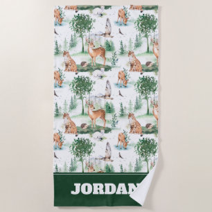 Watercolor Woodland Baby Animal Pattern Beach Towel