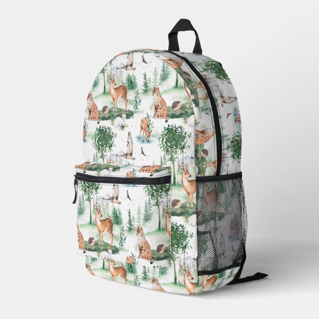 Watercolor Woodland Baby Animal Pattern Printed Backpack (Back Corner Right)