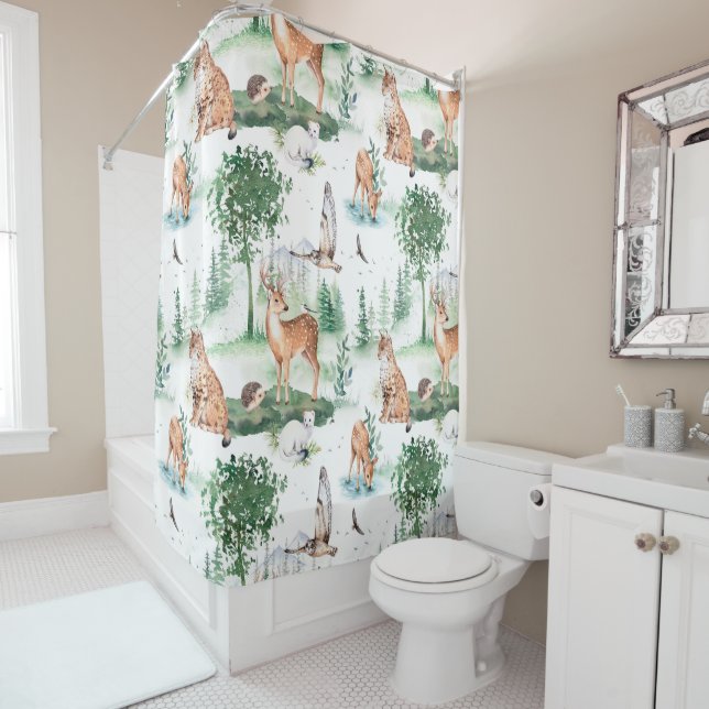 Watercolor Woodland Baby Animal Pattern Shower Curtain (In Situ)