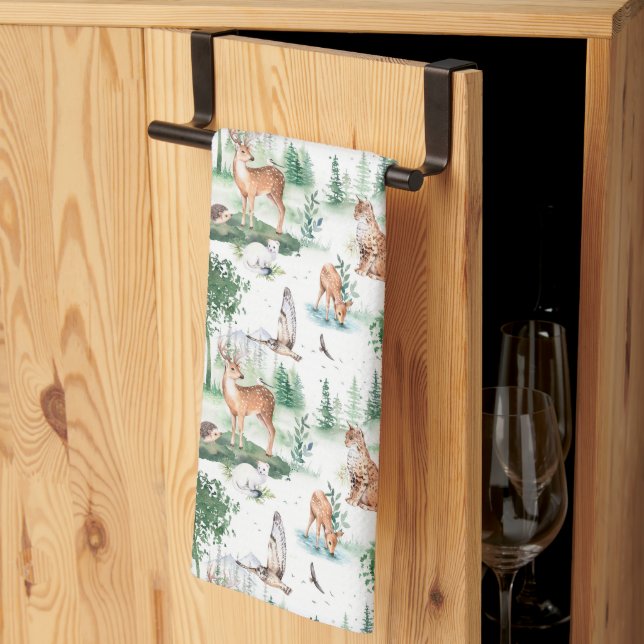 Watercolor Woodland Baby Animal Pattern Tea Towel (Thirds Fold)